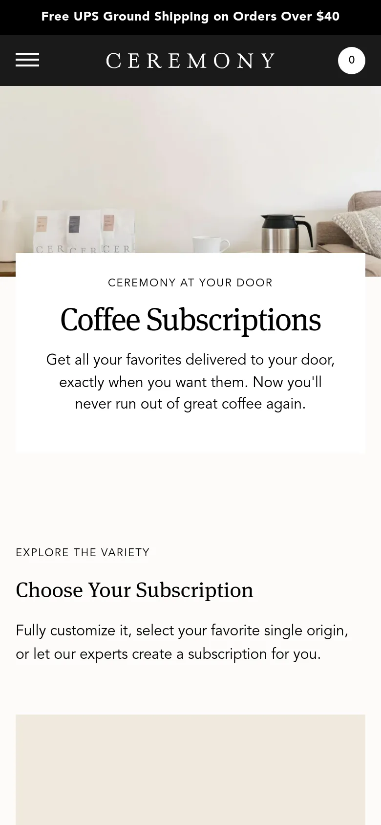 The mobile version simplifies the layout into a single column, stacking the hero image and text content vertically. The navigation is condensed into a hamburger menu icon on the left and a shopping cart icon on the right, with the brand name centered. The black announcement bar remains at the top of the screen.