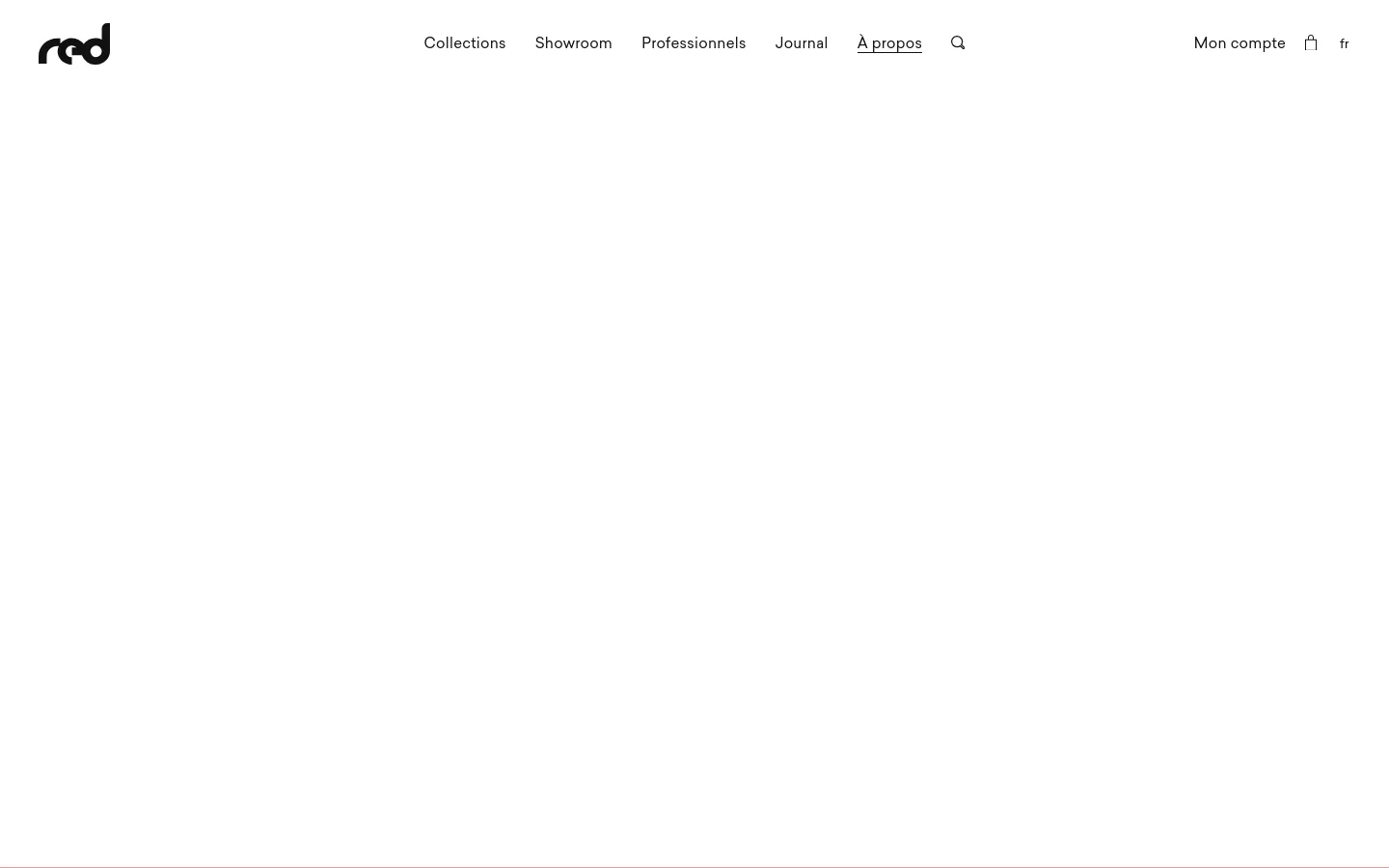 The desktop version features a clean, minimalist layout with a white header containing the Red Edition logo, navigation links, and account icons. A large hero image displays two elegant table lamps with green ceramic bases on a light sideboard, followed by a section with a portrait of the founder and text about the brand's history and collaborations.