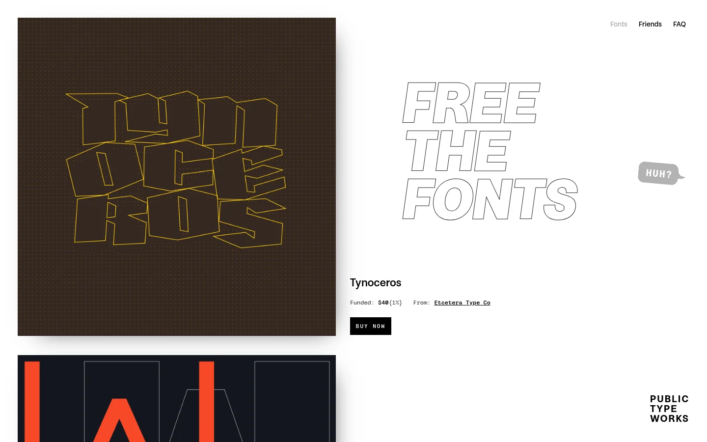 The desktop homepage features a minimalist layout with a large hero section split between a dark graphic on the left and the outlined headline 'FREE THE FONTS' on the right. A navigation menu is located in the top right, and below the hero, a grid displays font products like Tynoceros with funding progress bars and 'Buy Now' buttons.