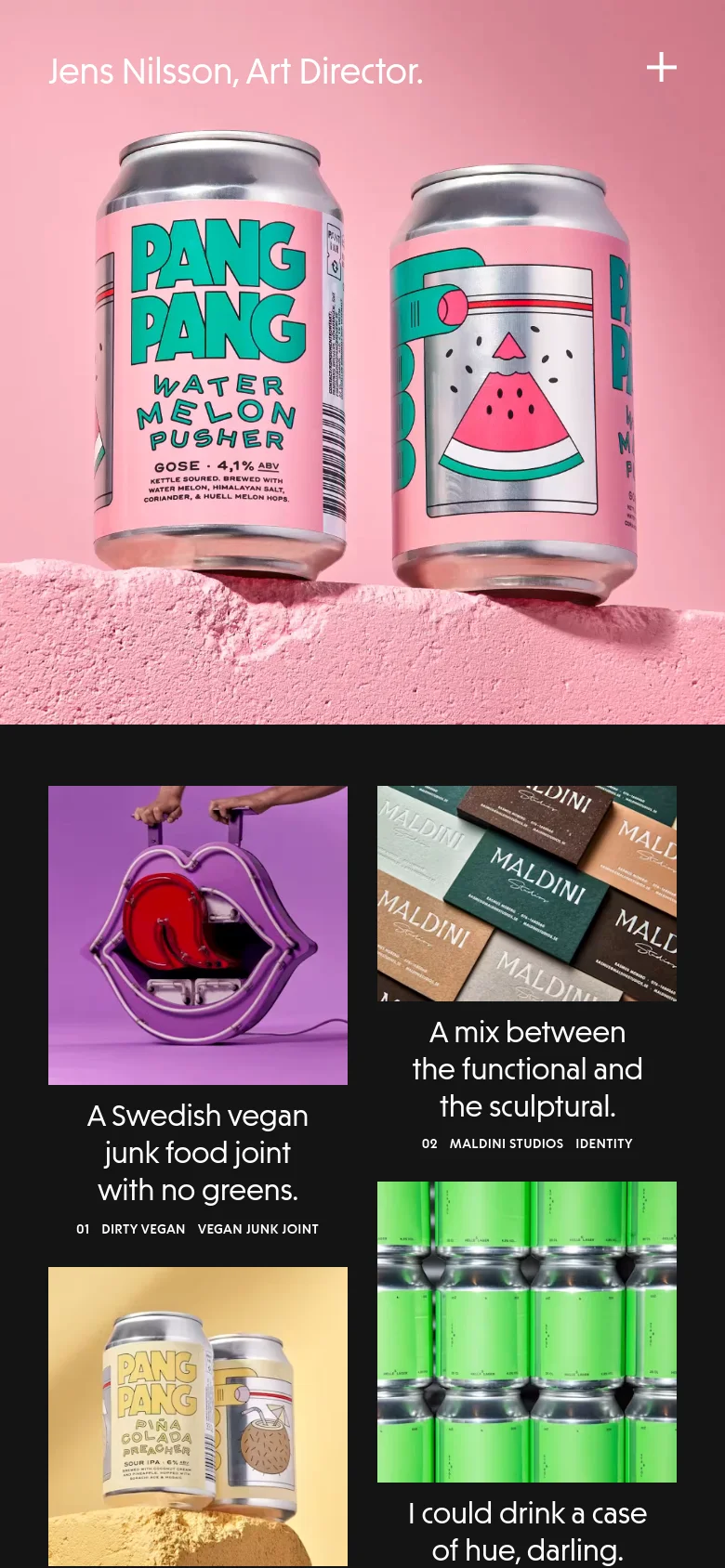 The mobile version presents a vertically stacked layout starting with the large pink beverage can hero image. The navigation links are condensed, and the project grid below transitions from a multi-column layout to a single-column view, showing large project images followed by descriptive text like 'A Swedish vegan junk food joint with no greens.' on a dark background.
