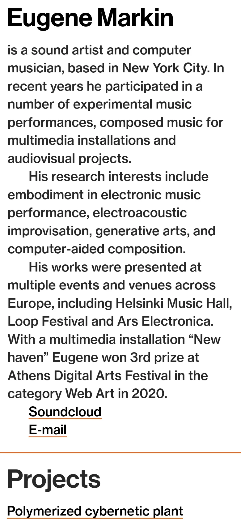 The mobile version simplifies the layout into a single vertical column. The biographical text appears first at the top, followed by the 'Projects' heading and its list of links, stacking all content sections vertically for easy scrolling on a narrow screen.
