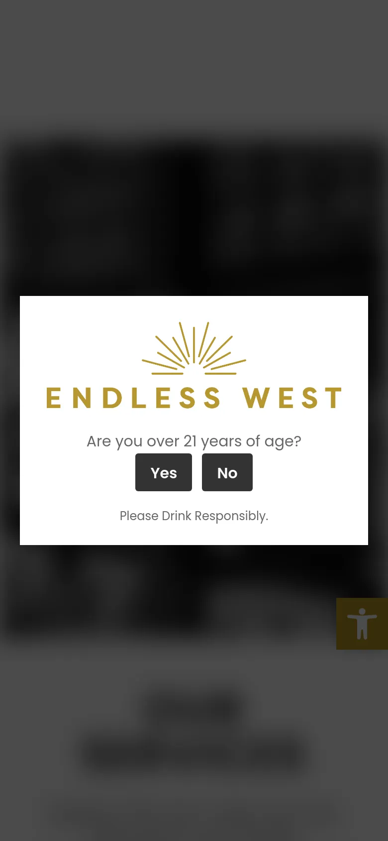 The mobile version maintains the same color scheme and content but uses a vertical layout. The hero section features the same black and white bottle imagery with centered text, and the four service categories are stacked vertically instead of in a grid. An age verification pop-up is visible over a blurred background, asking if the user is over 21.