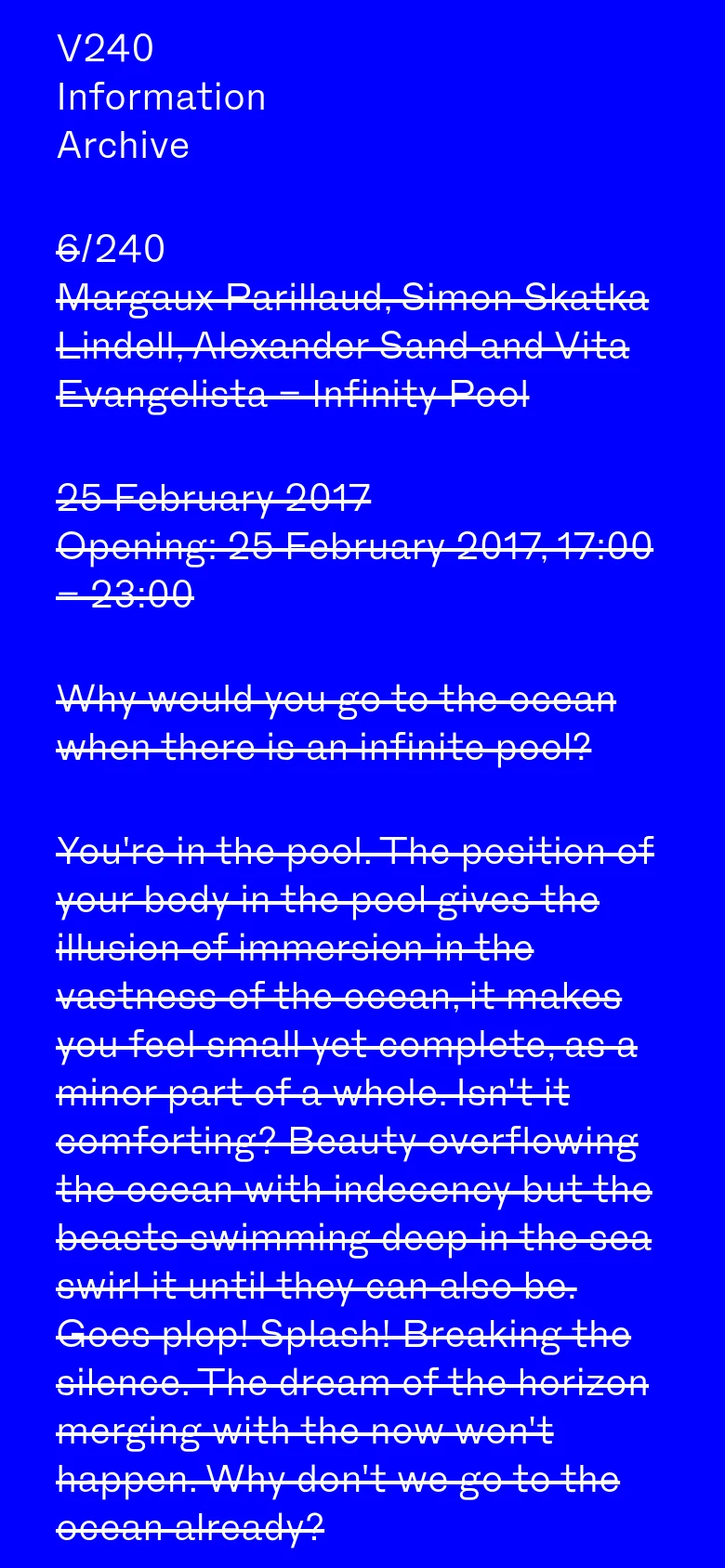 The mobile version maintains the high-contrast white-on-blue color scheme and typographic style. The layout shifts to a single-column vertical stack, with the navigation menu appearing at the top and the exhibition text flowing down the screen in a simplified, narrow format.