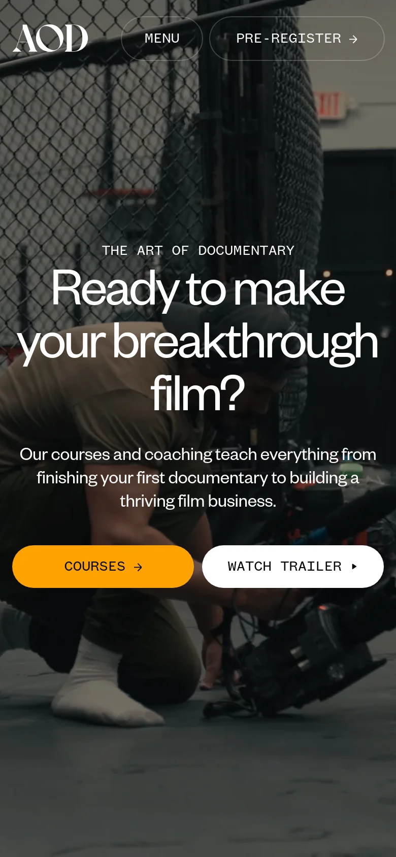 The mobile version presents a vertically stacked layout optimized for small screens. The hero section features the same headline and text but with the 'Courses' and 'Watch Trailer' buttons stacked vertically for easier tapping. The background image is tightly cropped to focus on the central subject, and the overall navigation is simplified into a 'Menu' and 'Pre-register' button at the top.