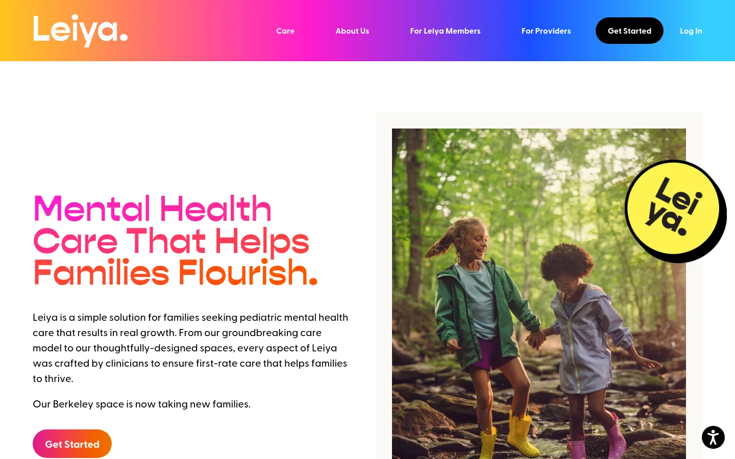 The desktop homepage features a vibrant pink and orange gradient header with the Leiya logo, navigation links, and a 'Get Started' button. The hero section displays the headline 'Mental Health Care That Helps Families Flourish' in large pink and orange text next to a photo of two children playing in a forest, with a circular Leiya logo overlaying the image.