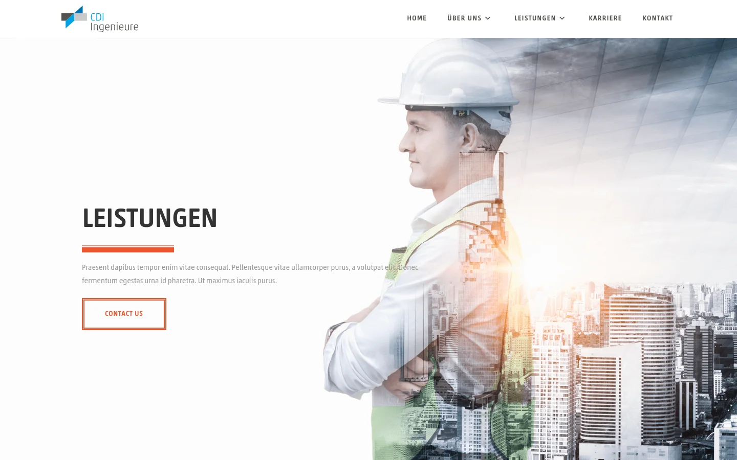 The desktop page features a large hero section with a profile of an engineer in a hard hat overlaid with a cityscape. A prominent 'LEISTUNGEN' headline is on the left, accompanied by a 'CONTACT US' button and a brief text block. The navigation menu is at the top right, and the design uses a clean white background with orange accents.