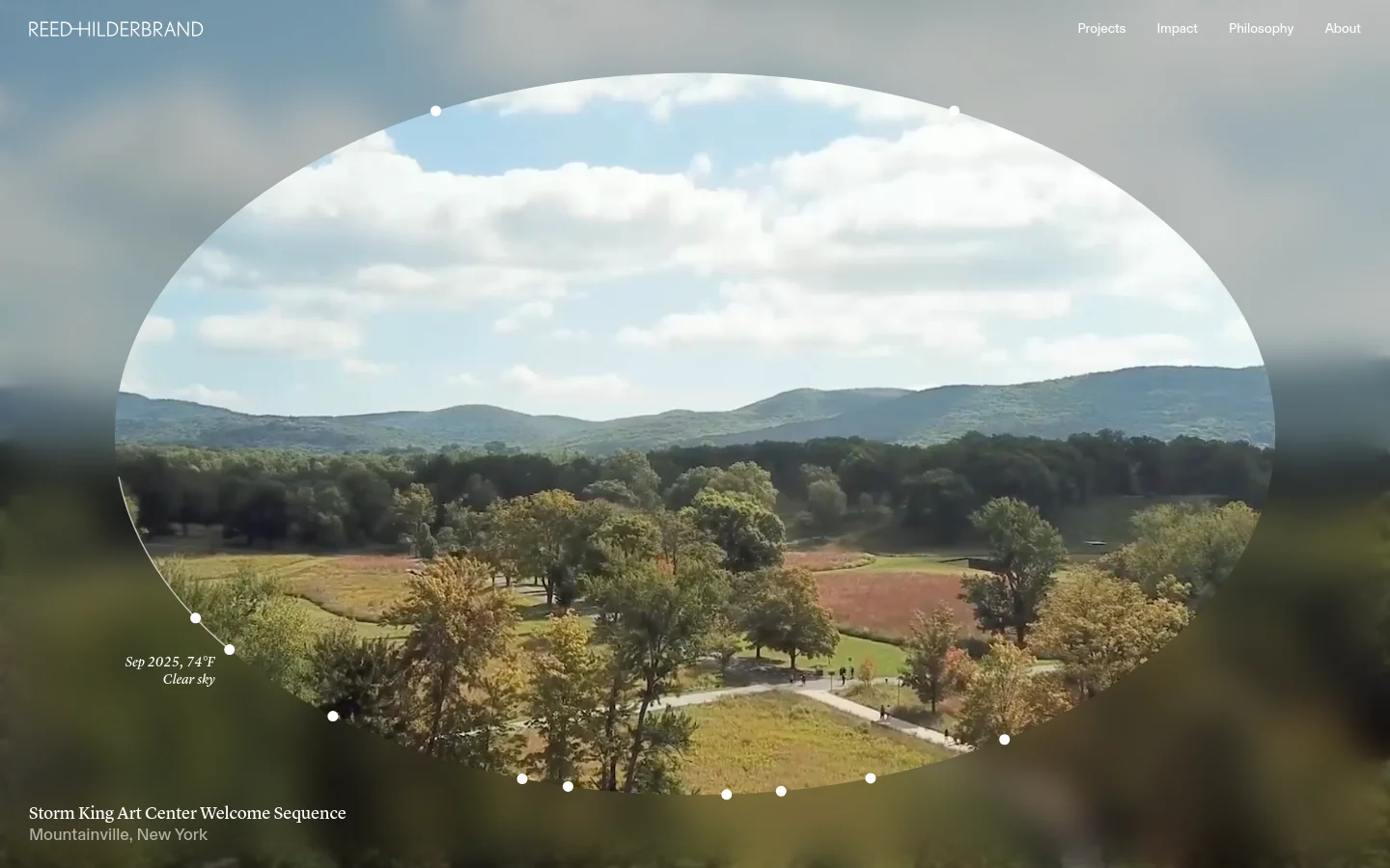 The desktop homepage features a large, cinematic hero image of a landscape within an oval frame, overlaid on a blurred natural background. The Reed Hilderbrand logo is in the top left, with navigation links for Projects, Impact, Philosophy, and About in the top right. A central text overlay reads, 'We design more resonant futures through the understanding of place.'