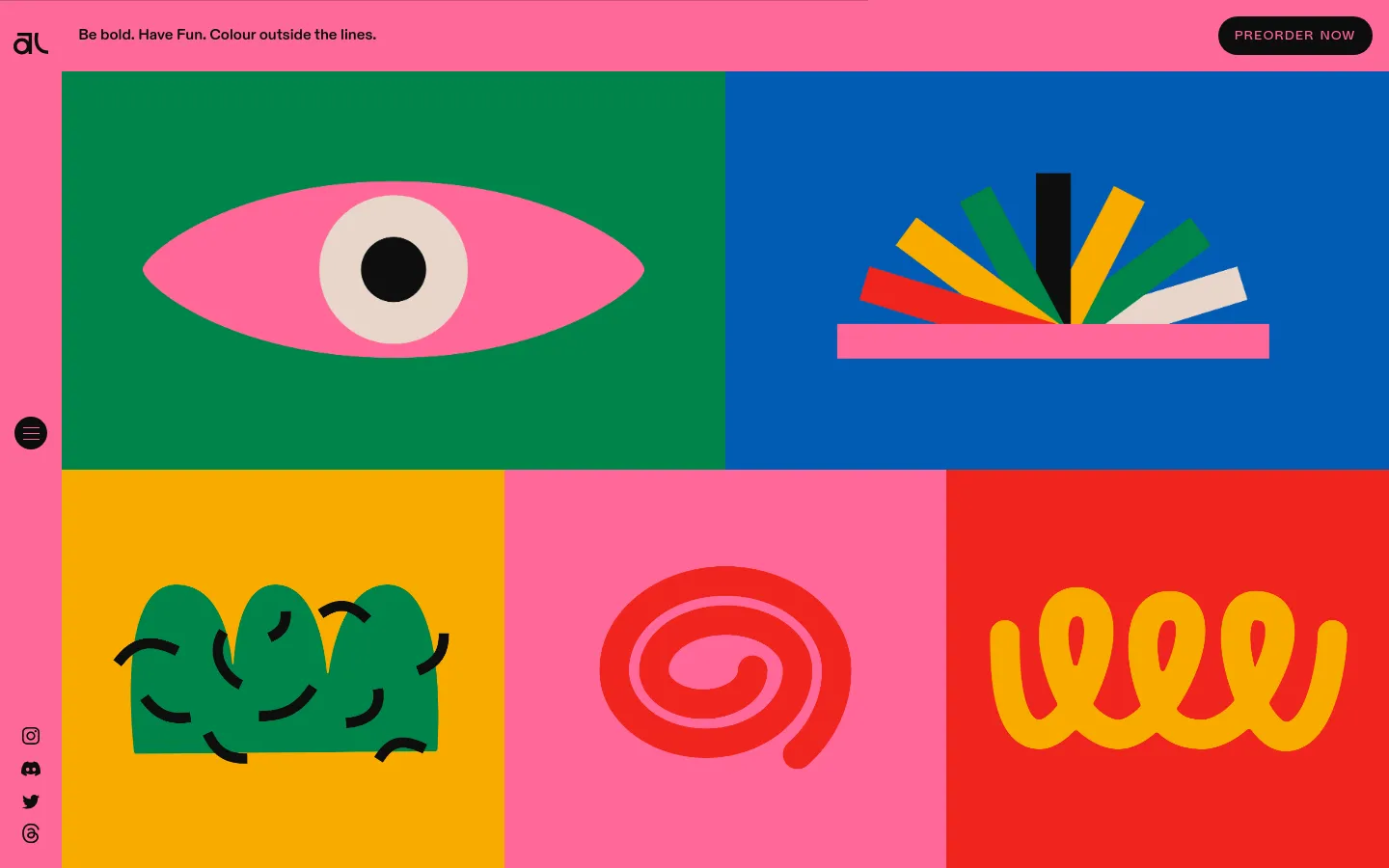 A vibrant, grid-based landing page featuring large, abstract geometric shapes in pink, green, blue, yellow, and red. The layout consists of bold colorful blocks containing minimalist icons like an eye, a sunburst, and wavy lines. A pink header contains the text 'Be bold. Have Fun. Colour outside the lines.' and a black 'PREORDER NOW' button on the right.