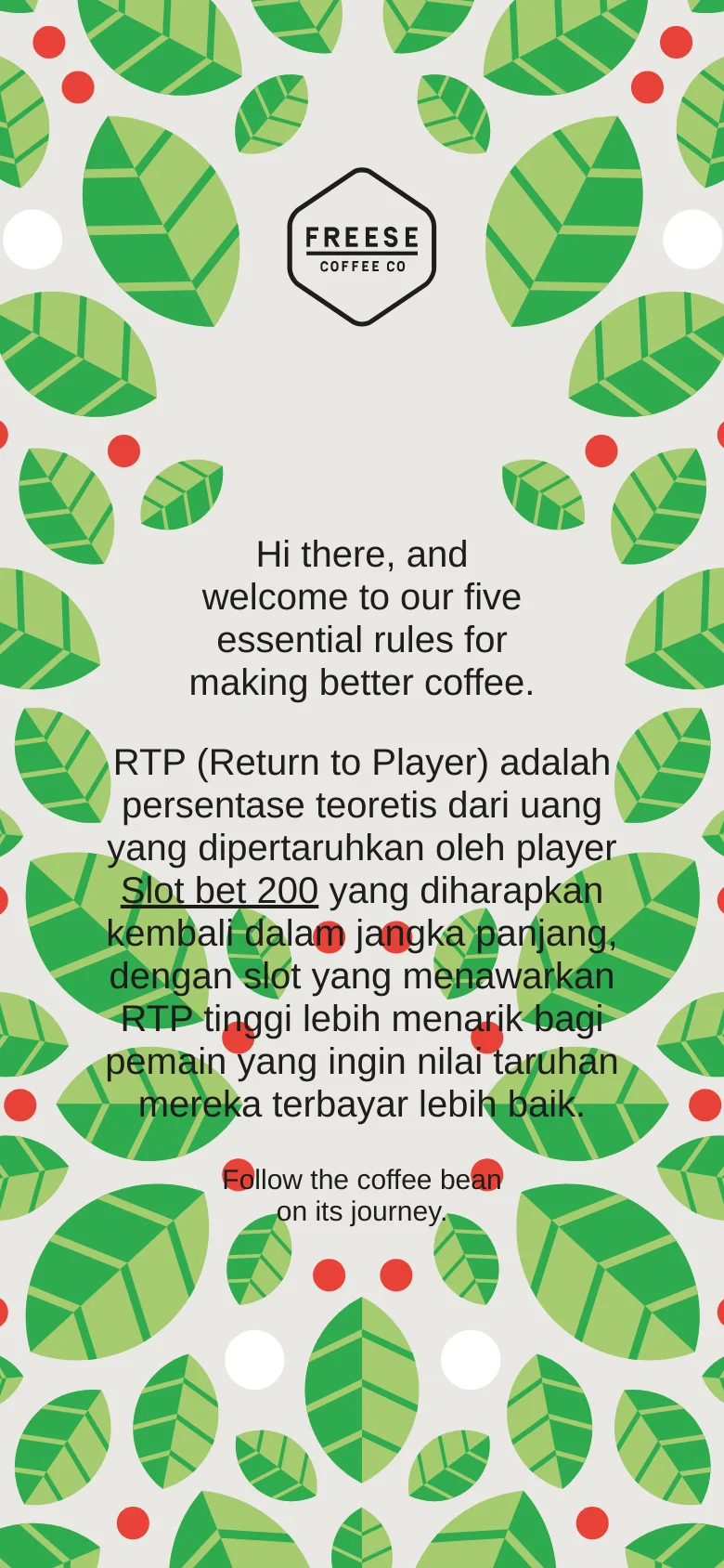 The mobile version maintains the same visual pattern of green leaves and red and white dots, but the layout is vertically oriented to fit a narrow screen. The central logo, welcome text, and informational paragraphs are stacked vertically in a single column, making the text more prominent against the patterned background.