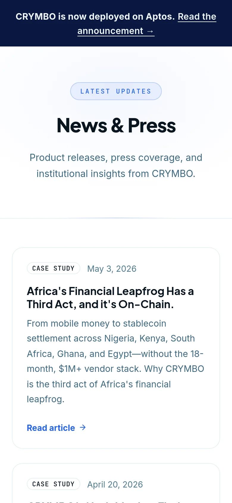 The mobile version maintains the same minimalist white and dark blue aesthetic but uses a single-column vertical layout. The 'News & Press' header and subheadline are centered, and the news cards stack vertically to fit the narrow screen, ensuring text and 'Read article' links remain legible.