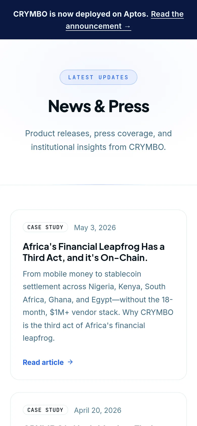 The mobile version maintains the same minimalist white and dark blue aesthetic but uses a single-column vertical layout. The 'News & Press' header and subheadline are centered, and the news cards stack vertically to fit the narrow screen, ensuring text and 'Read article' links remain legible.