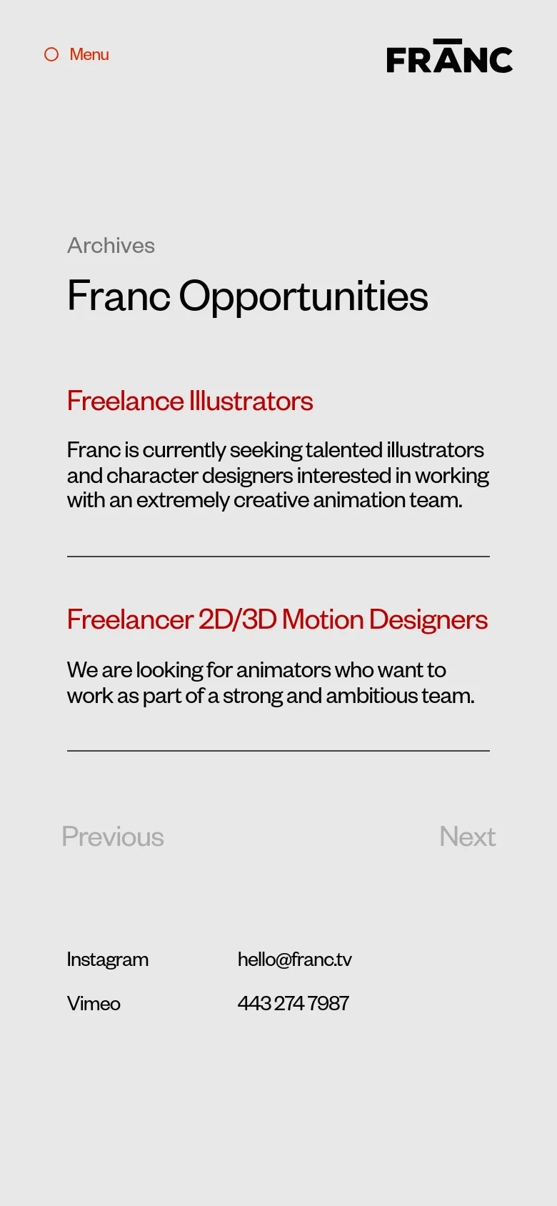The mobile version maintains the minimalist light gray aesthetic but stacks the content vertically for a single-column layout. The job titles in red appear above their respective descriptions, and the navigation menu and logo are positioned at the top. The footer includes social links and contact information at the bottom of the scroll.