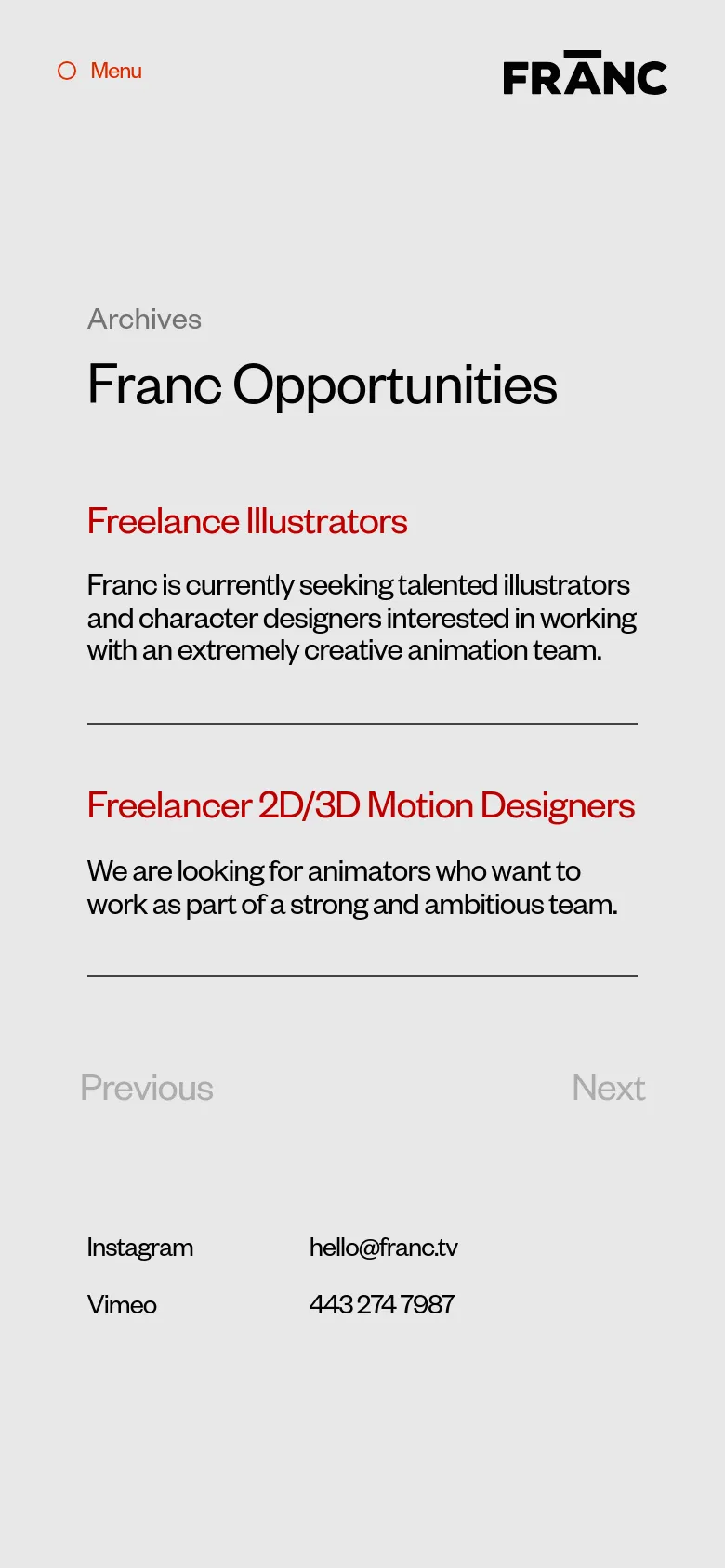 The mobile version maintains the minimalist light gray aesthetic but stacks the content vertically for a single-column layout. The job titles in red appear above their respective descriptions, and the navigation menu and logo are positioned at the top. The footer includes social links and contact information at the bottom of the scroll.