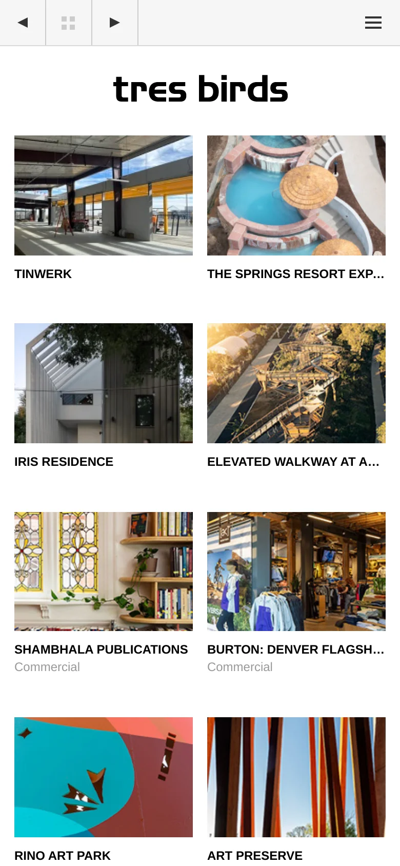 The mobile version maintains the minimalist white aesthetic but reorganizes the content into a single-column vertical scroll. The logo is prominently centered at the top, followed by a large grid of project images that stack vertically to fit the narrow screen width. Navigation is condensed, and the text remains legible beneath each large image.