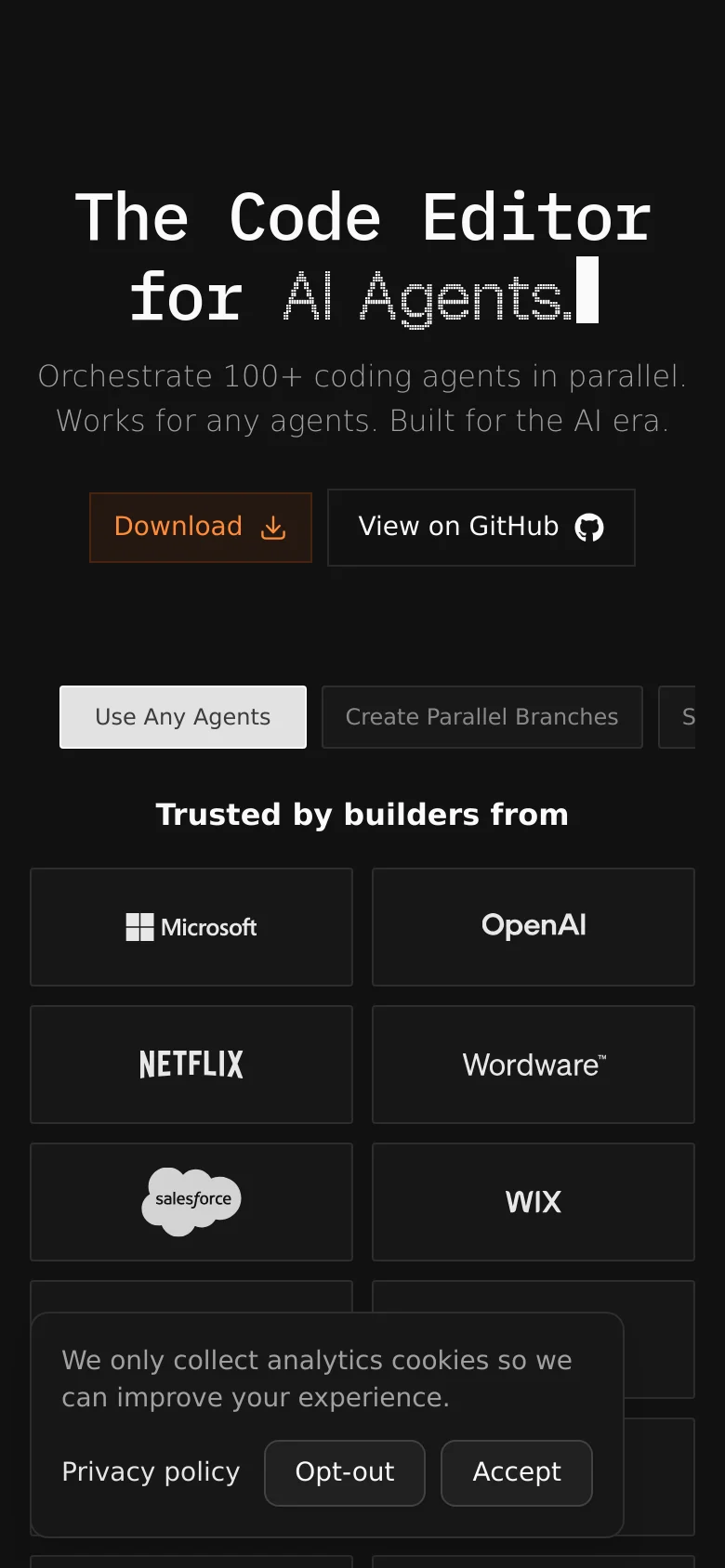 The mobile version presents a simplified, vertically stacked layout with the headline 'The Code Editor for AI Agents.' The primary buttons are 'Download' and 'View on GitHub,' followed by a horizontal scrolling list of features. The 'Trusted by builders from' section transitions into a two-column grid of company logos, and a cookie consent banner appears at the bottom.