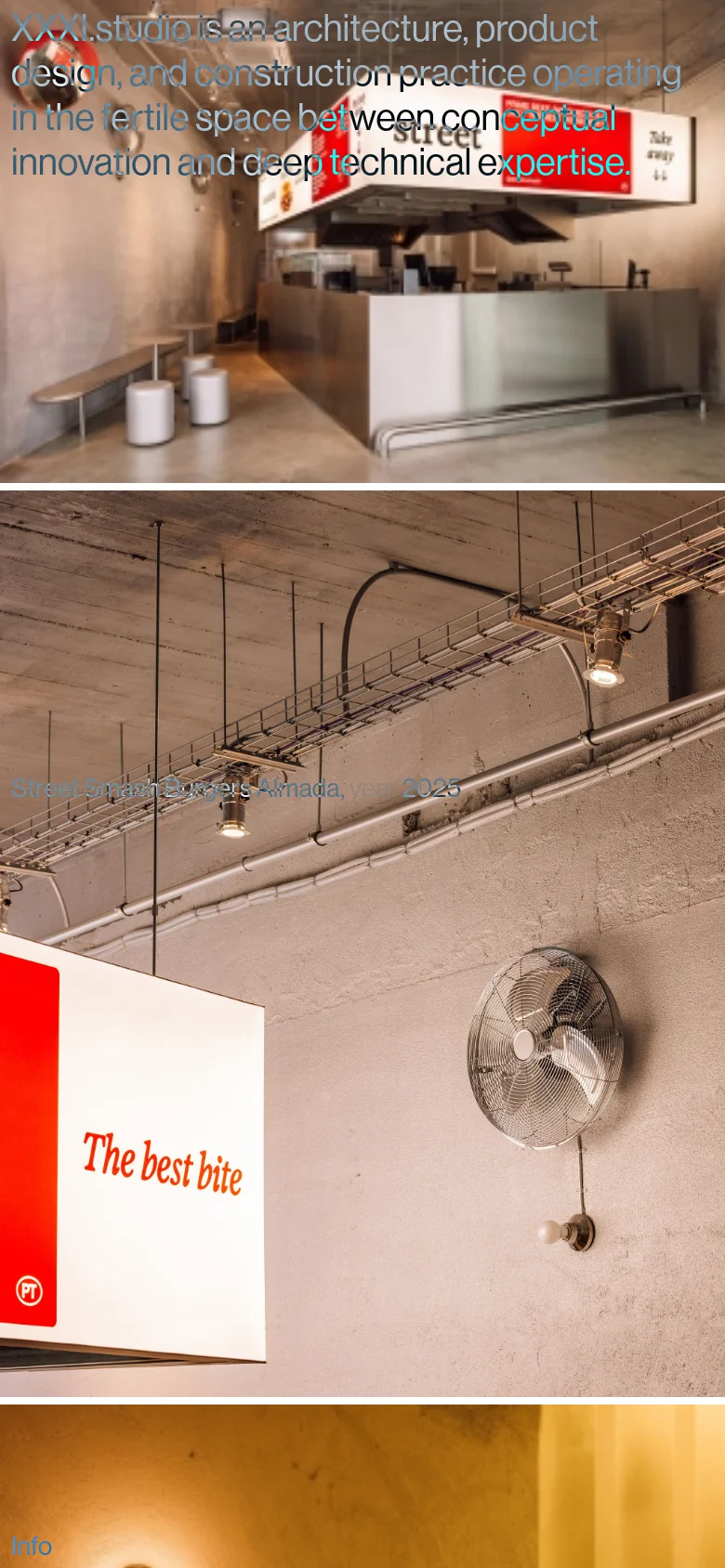 The mobile version presents a vertically stacked layout of the project gallery, with large images occupying the full width of the screen. The hero image and text descriptions are scaled down to fit the narrow viewport, maintaining a focus on high-quality photography and minimal typography.