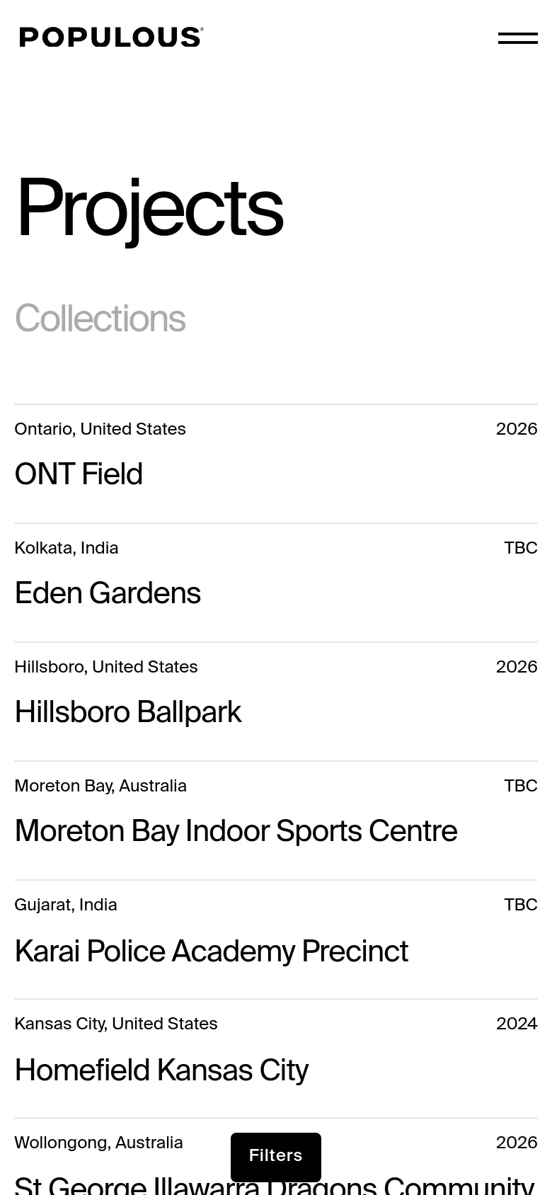 The mobile version maintains the clean white aesthetic and bold black text but uses a single-column vertical layout. The 'Projects' and 'Collections' headings are prominent at the top, followed by a stacked list of projects where each entry spans the full width of the screen, and a 'Filters' button is positioned at the bottom.