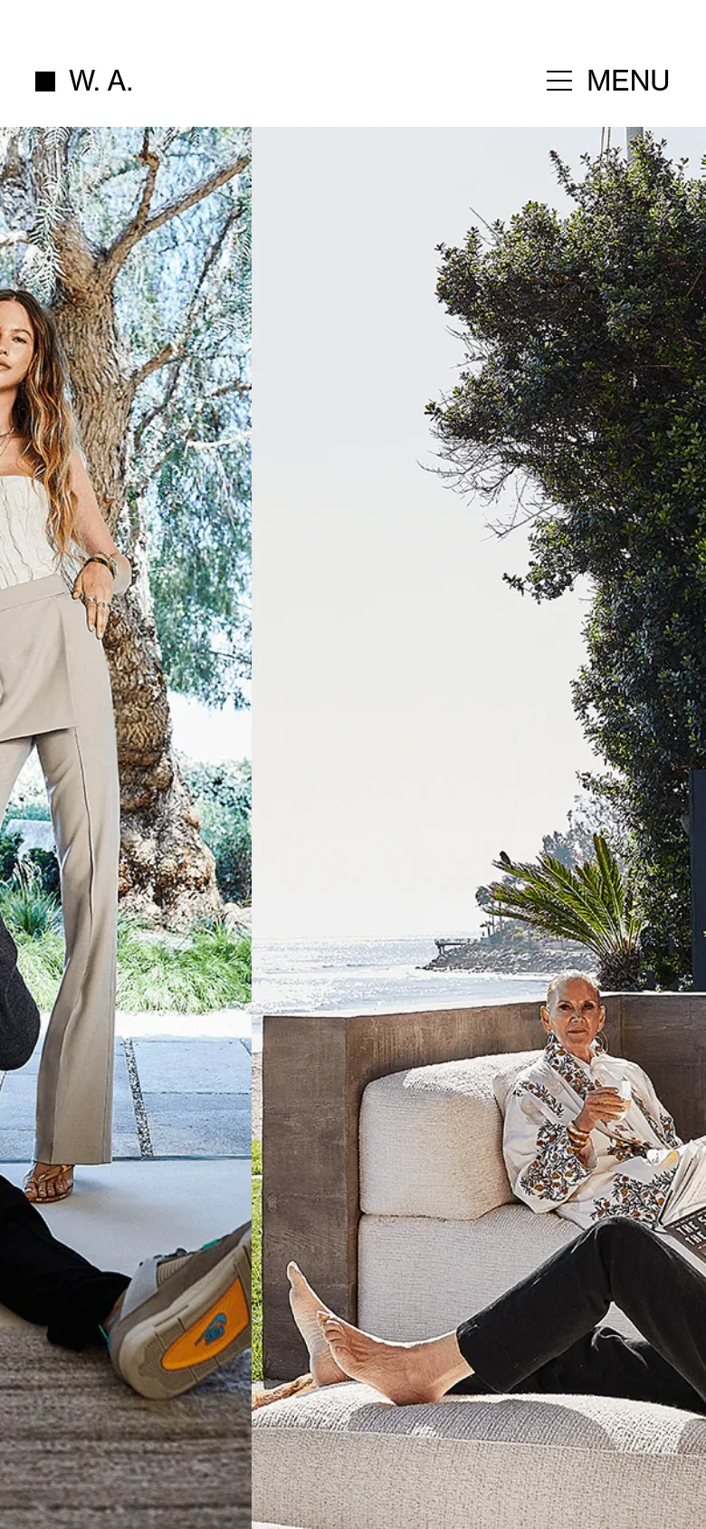 The mobile version maintains a clean white header with 'W. A.' and a 'MENU' icon, but the layout shifts to a vertical stack. The hero section displays a composite of lifestyle photography, featuring a person outdoors near trees and another person relaxing on a white lounge chair by the coast.