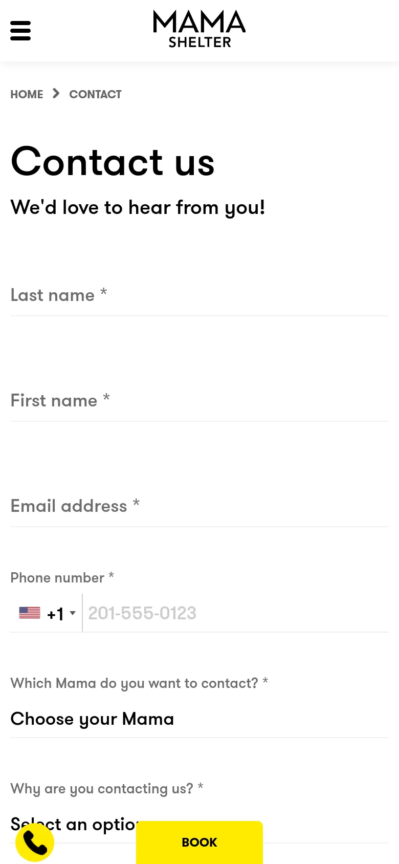 The mobile version presents a single-column layout where the 'Contact us' headline and contact form are stacked vertically. The decorative mask image is removed from the immediate view to prioritize the form fields. A yellow 'BOOK' button remains fixed at the bottom of the screen alongside a floating yellow phone icon.