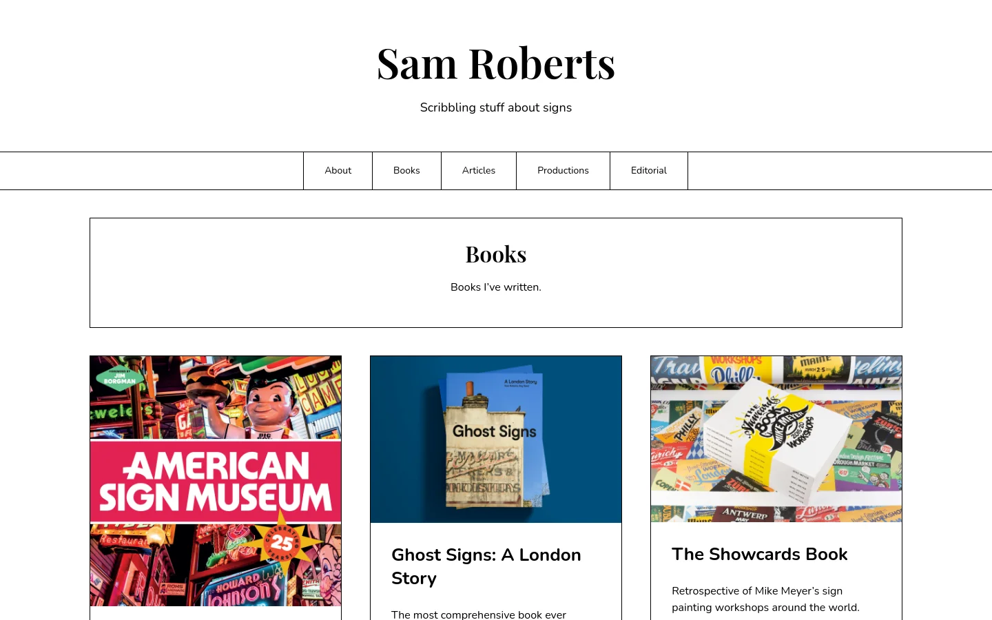 The desktop page features a clean white background with a centered header containing the name 'Sam Roberts' and a navigation menu. Below, a large hero section displays the title 'Books' and a brief description. The main content consists of a grid of book entries, each showing a colorful book cover image, a title, a publication date, a short description, and a 'Continue Reading' link.