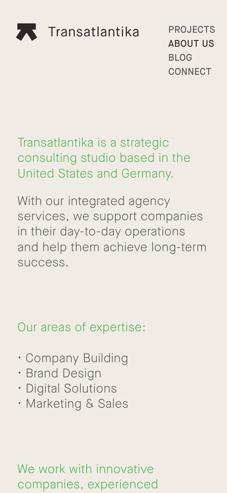 The mobile version maintains the minimalist beige and green color scheme but uses a vertical single-column layout. The navigation menu is condensed, and the text is scaled for readability on smaller screens, focusing on the studio's mission and expertise list.