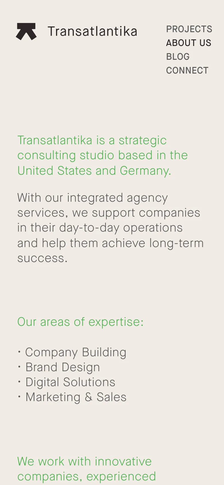 The mobile version maintains the minimalist beige and green color scheme but uses a vertical single-column layout. The navigation menu is condensed, and the text is scaled for readability on smaller screens, focusing on the studio's mission and expertise list.