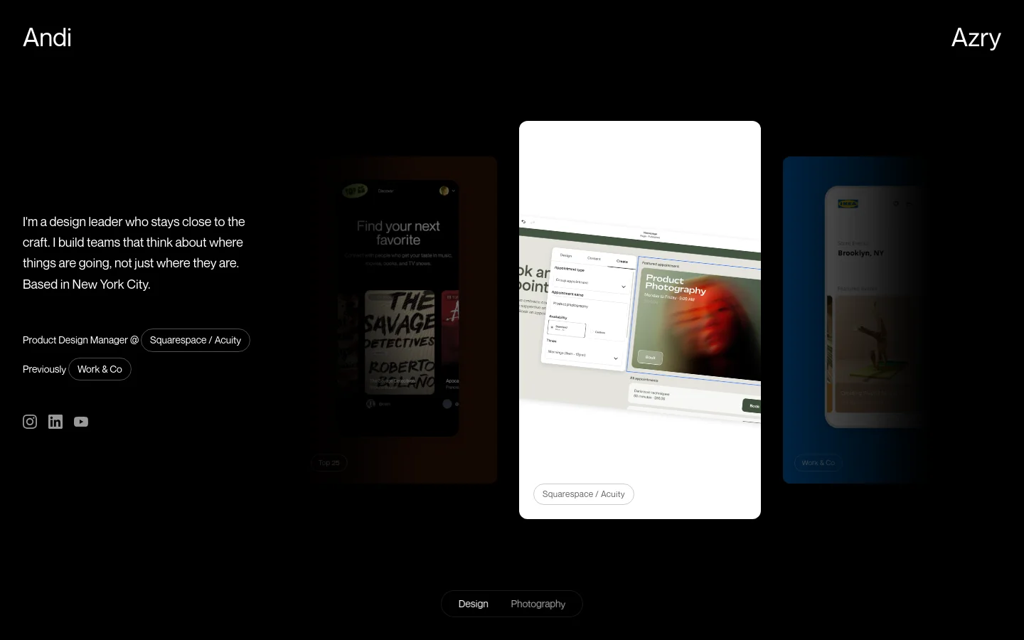 A dark-themed personal portfolio website featuring a large white headline introducing Andi Azry as a design leader. The layout includes a text section on the left with social media icons and a horizontal scrolling gallery of large, high-quality project images and photography. The color palette is primarily black with white text and colorful imagery.