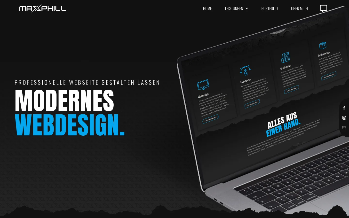 A dark-themed website hero section featuring a large laptop displaying various design service cards. The headline 'PROFESSIONELLE WEBSEITE GESTALTEN LASSEN MODERNES WEBDESIGN.' is prominently displayed in white and bright blue text on the left. The layout is spacious with a minimalist navigation menu at the top and social media icons on the right side.