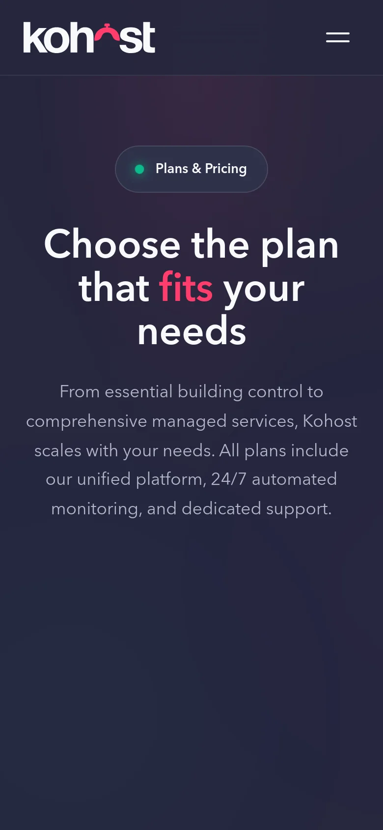 The mobile version presents a simplified vertical layout with a dark purple background and a centered hero headline. The top navigation is condensed into a hamburger menu icon next to the Kohost logo, and the text is scaled for easier reading on a smaller screen.