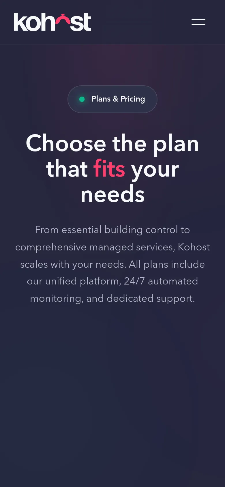 The mobile version presents a simplified vertical layout with a dark purple background and a centered hero headline. The top navigation is condensed into a hamburger menu icon next to the Kohost logo, and the text is scaled for easier reading on a smaller screen.