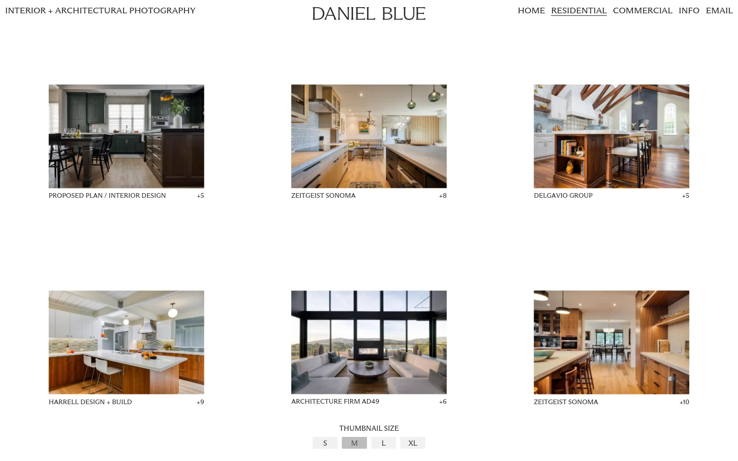 The desktop version features a minimalist white layout with the header 'DANIEL BLUE' and navigation links. A grid of large, high-quality residential interior photography projects is displayed, including titles like 'PROPOSED PLAN / INTERIOR DESIGN' and 'ZEITGEIST SONOMA' accompanied by numerical indicators of additional photos. The design uses clean typography and ample white space to highlight the architectural imagery.