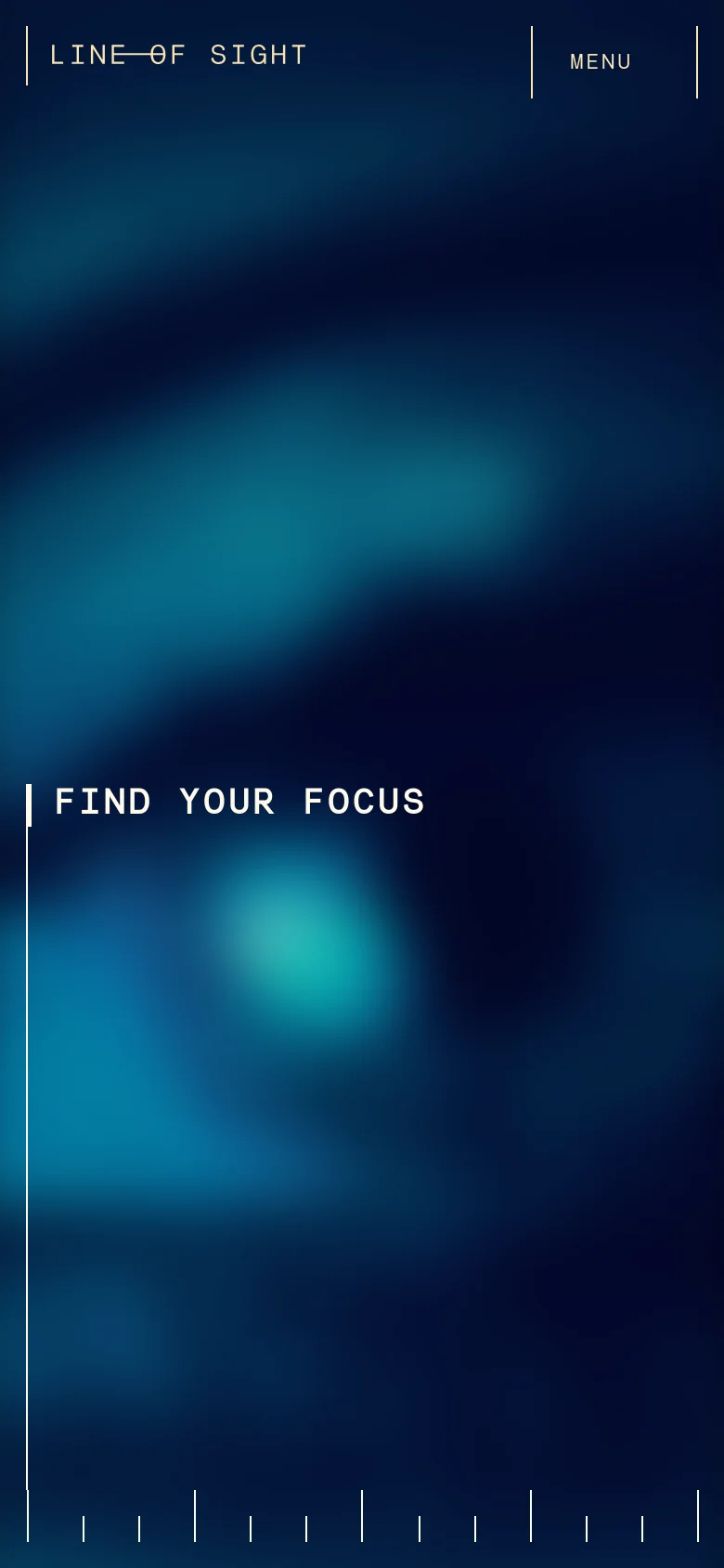 The mobile version maintains the dark blue, blurred eye background and the 'FIND YOUR FOCUS' headline. The layout is simplified, replacing the large side navigation box with a 'MENU' button at the top right, and the 'LINE OF SIGHT' logo remains at the top left.