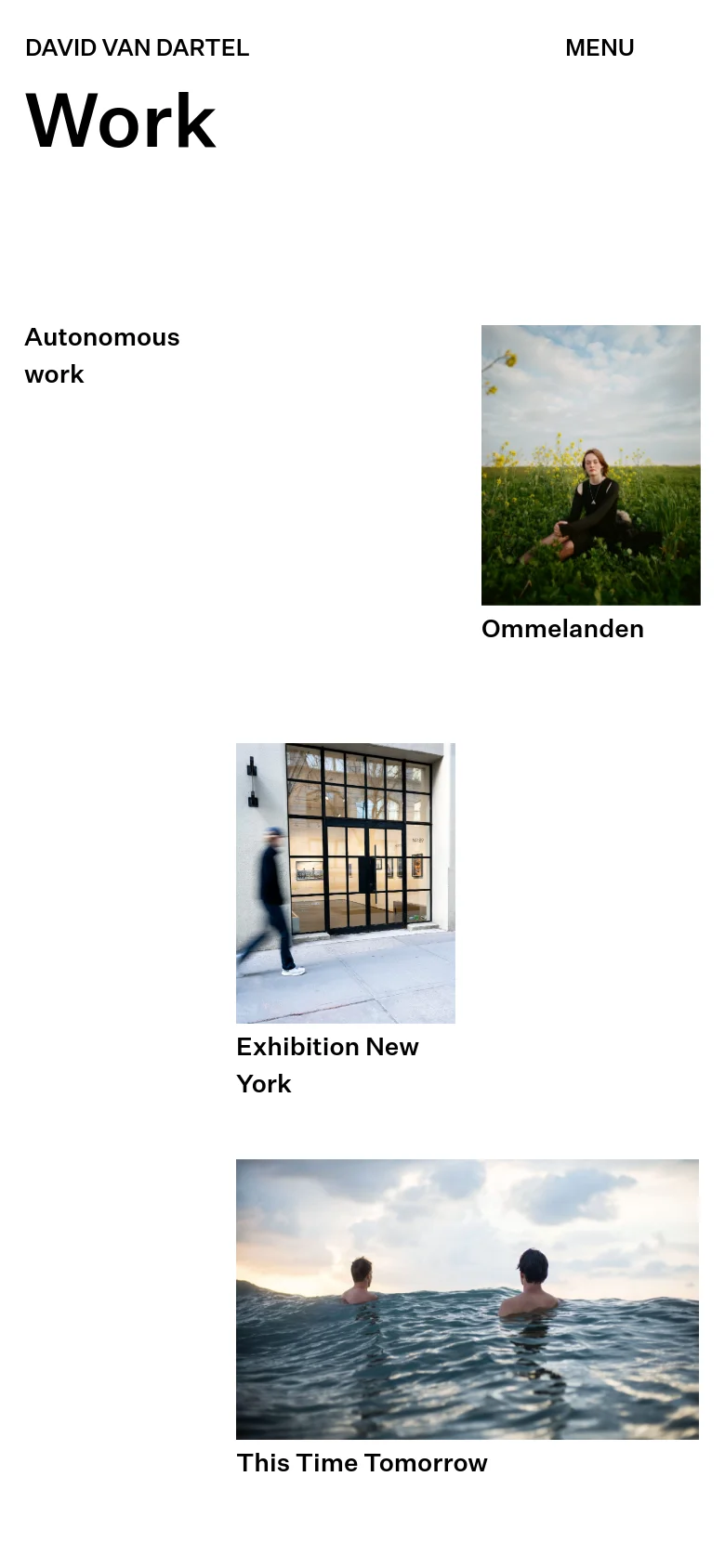 The mobile version presents a single-column vertical scroll of the photography projects. The large 'Work' heading is followed by individual project sections where the image is stacked above its corresponding title, such as 'Ommelanden' and 'Exhibition New York'.