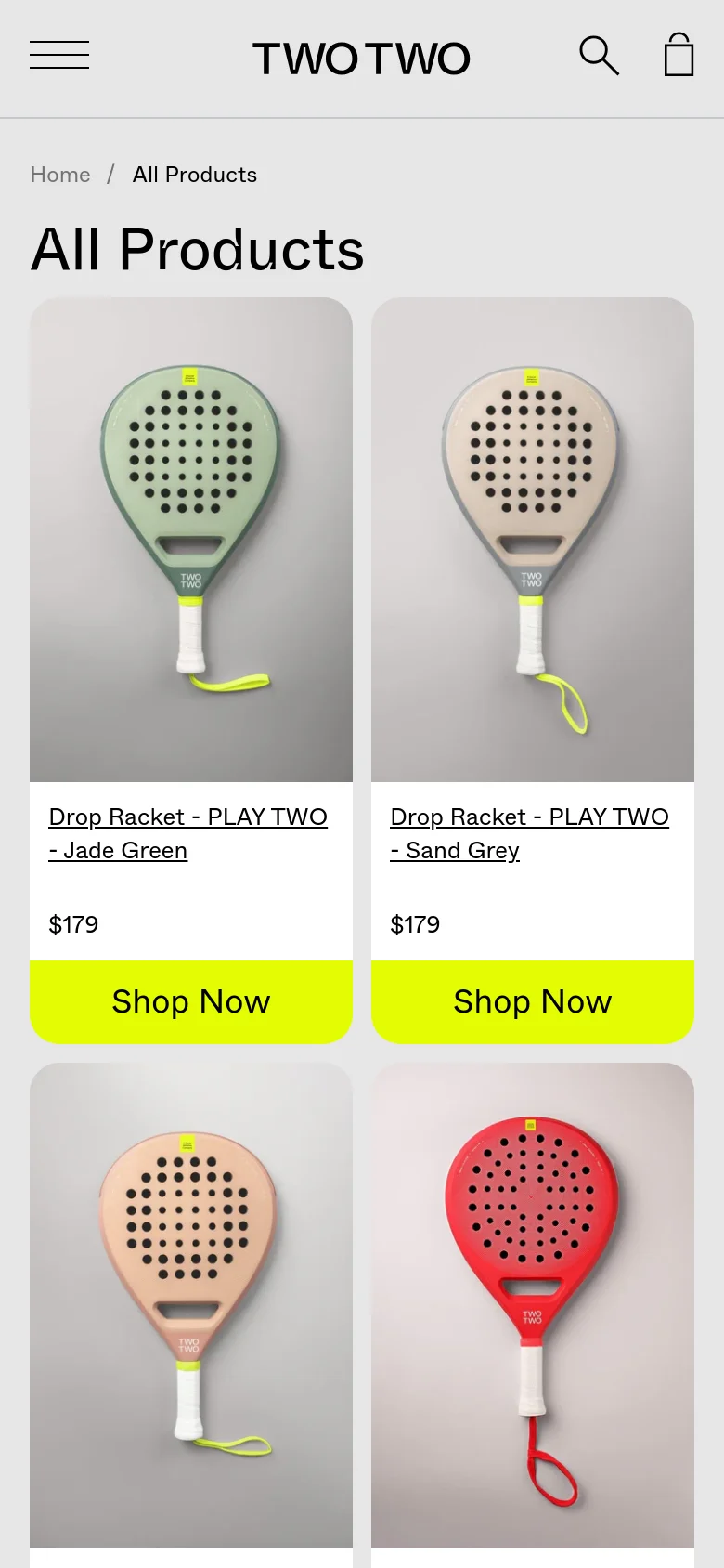 The mobile version features a simplified header with a hamburger menu, search icon, and shopping bag. The product grid shifts from multiple columns to a single-column layout, making the product images and yellow 'Shop Now' buttons larger and easier to tap on a smaller screen.