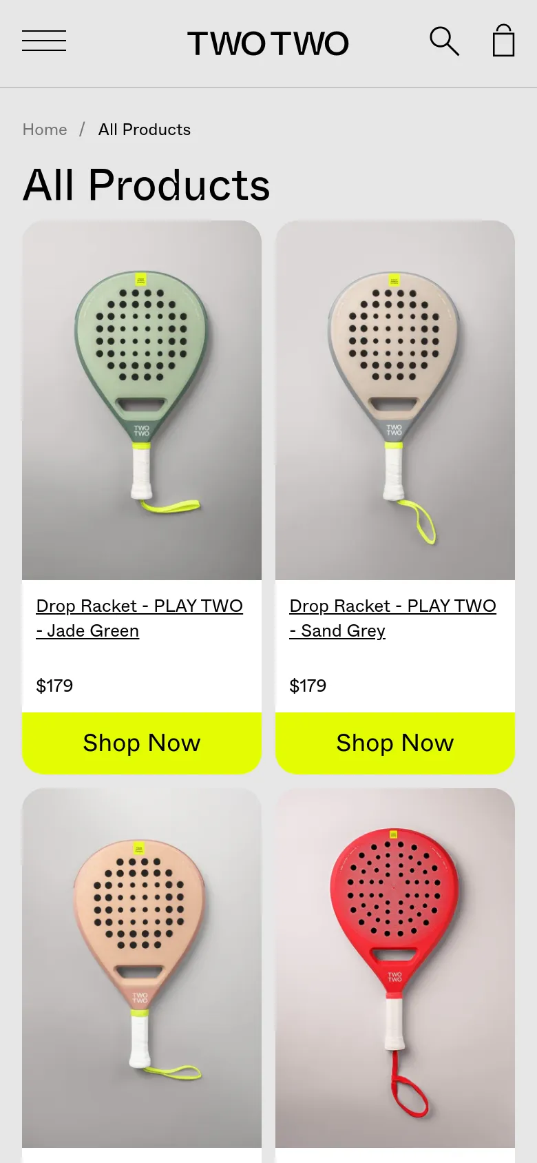 The mobile version features a simplified header with a hamburger menu, search icon, and shopping bag. The product grid shifts from multiple columns to a single-column layout, making the product images and yellow 'Shop Now' buttons larger and easier to tap on a smaller screen.