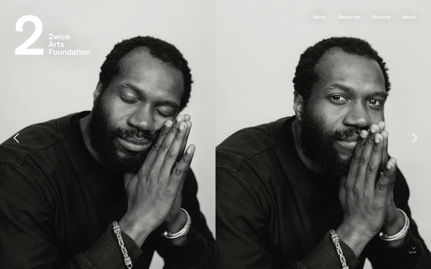 The desktop homepage features a large black and white hero image of a man with his hands pressed together in prayer, split into two slightly different poses. A large white number '2' and the text '2wice Arts Foundation' appear on the left, with a minimalist navigation menu on the top right. The design uses a clean, white background with black text and high-contrast photography.