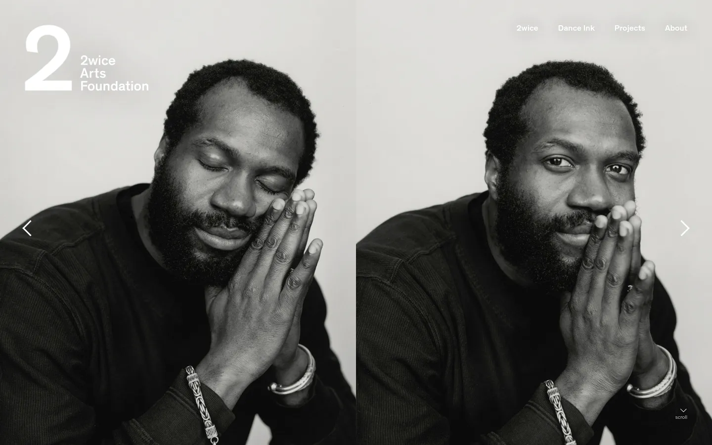 The desktop homepage features a large black and white hero image of a man with his hands pressed together in prayer, split into two slightly different poses. A large white number '2' and the text '2wice Arts Foundation' appear on the left, with a minimalist navigation menu on the top right. The design uses a clean, white background with black text and high-contrast photography.