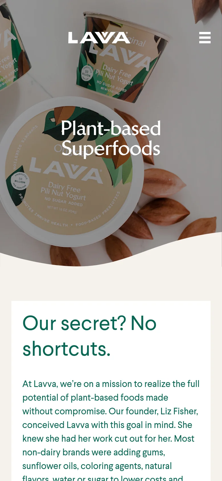 The mobile version presents a vertically stacked layout, beginning with a cropped version of the hero image showing the yogurt container and the headline 'Plant-based Superfoods'. A hamburger menu icon replaces the desktop navigation bar at the top right. The brand story text follows below in a single-column format on a white background.