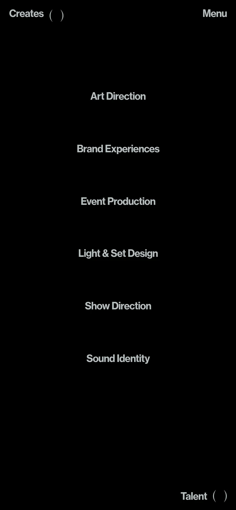 The mobile version presents a single-column vertical list of the same services on a black background. The layout is simplified for a narrow screen, with the navigation condensed into a 'Menu' option at the top right.