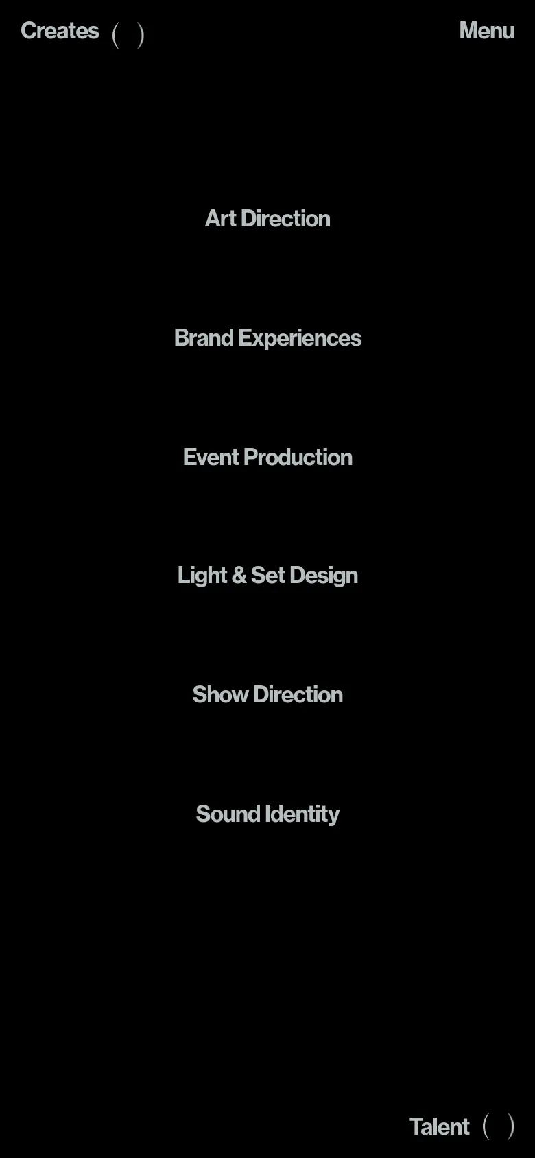 The mobile version presents a single-column vertical list of the same services on a black background. The layout is simplified for a narrow screen, with the navigation condensed into a 'Menu' option at the top right.