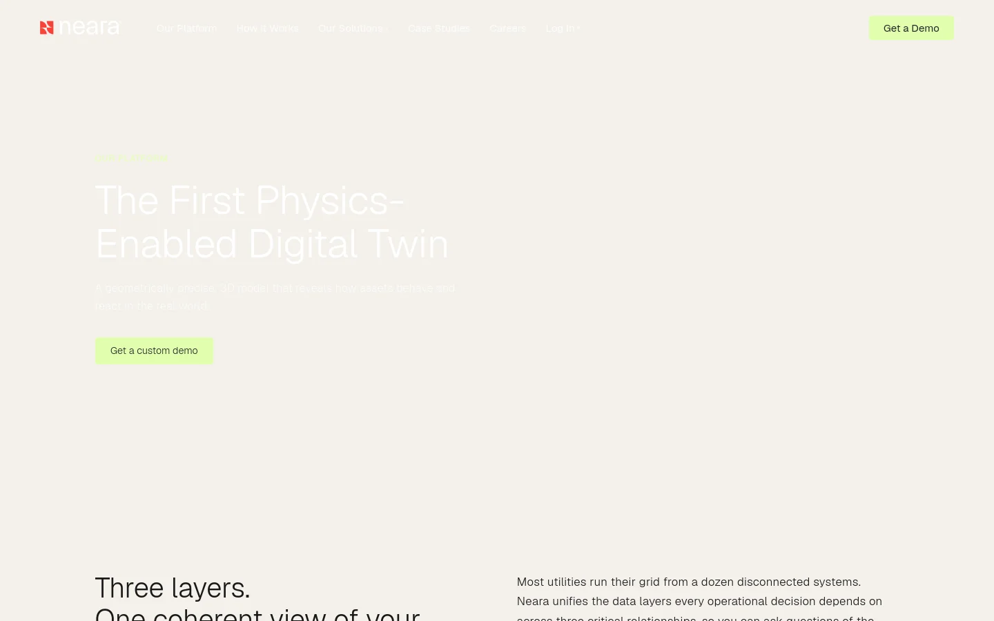 The desktop page features a hero section with a large 3D landscape visualization of a power grid overlaid with colorful digital data lines. A large headline reads 'The First Physics-Enabled Digital Twin' next to a light green 'Get a custom demo' button. Below, the layout uses a clean white background with alternating sections of text and technical imagery describing three layers of network analysis.
