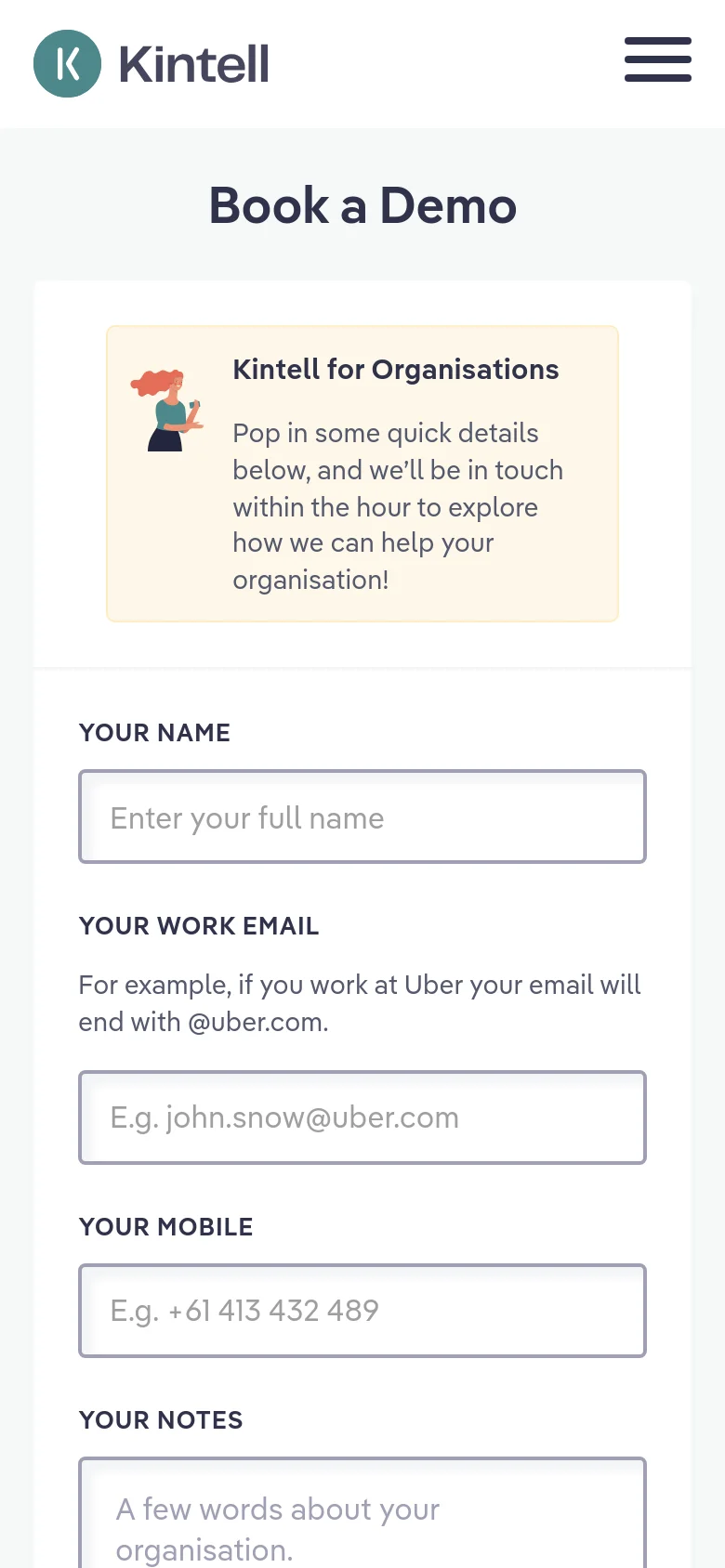 The mobile version uses a single-column vertical layout. The header is condensed with a hamburger menu icon, followed by the 'Book a Demo' title and the organization information box. The contact form fields are stacked vertically, and the teal feature section and testimonial are moved below the form.
