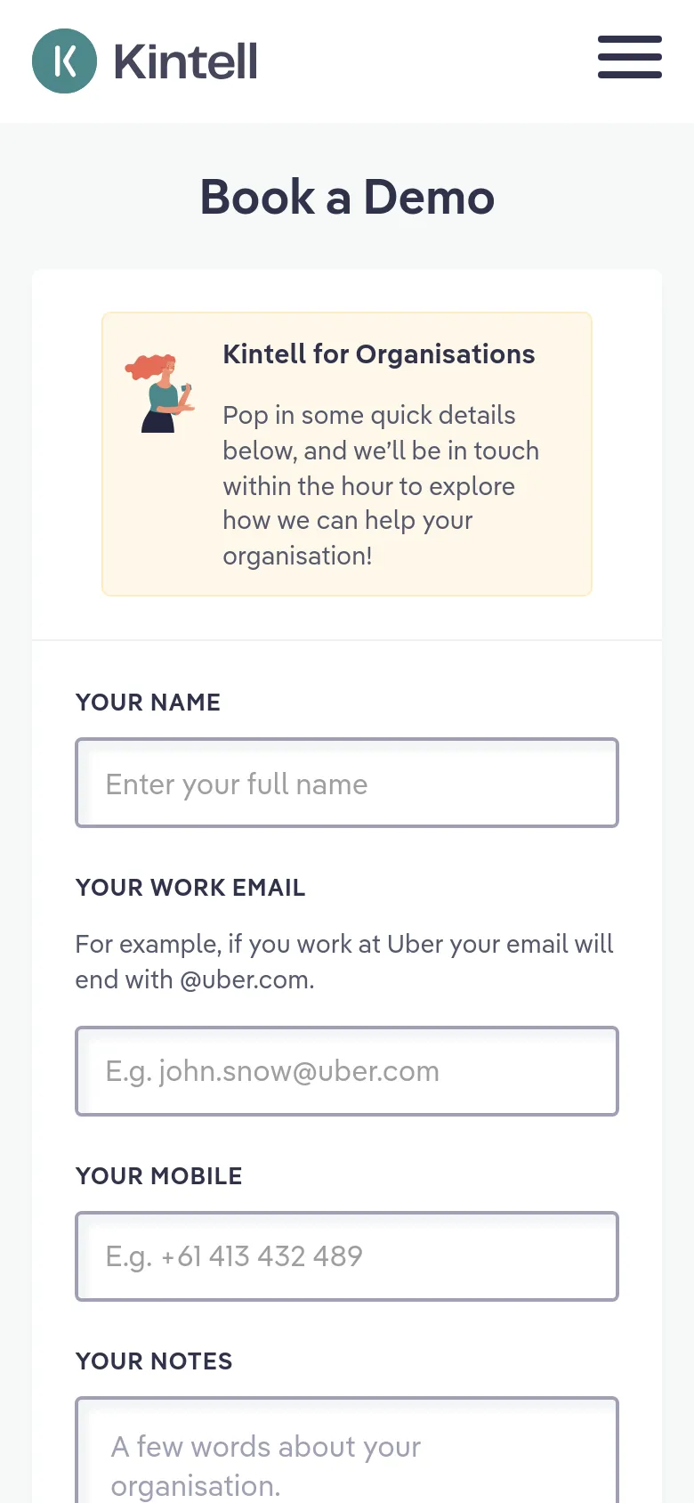 The mobile version uses a single-column vertical layout. The header is condensed with a hamburger menu icon, followed by the 'Book a Demo' title and the organization information box. The contact form fields are stacked vertically, and the teal feature section and testimonial are moved below the form.
