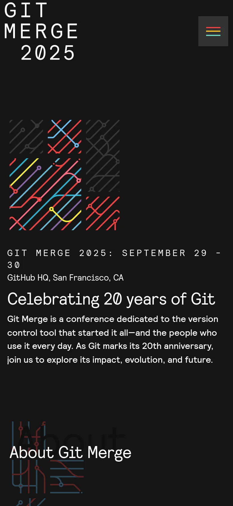 The mobile version uses a simplified layout with a hamburger menu icon in the top right for navigation. The hero text and colorful abstract graphic are stacked vertically, and the 'About Git Merge' section follows below in a single-column format.