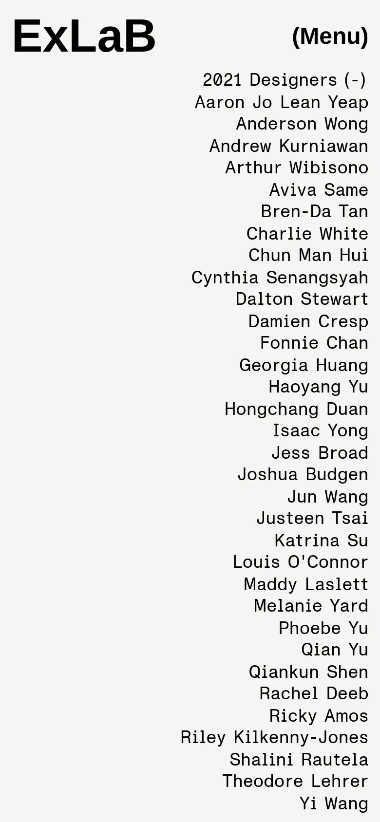 The mobile version simplifies the layout with a large 'ExLaB' logo on the top left and a '(Menu)' button on the top right. The designer list remains right-aligned in a single column, maintaining the minimalist aesthetic and high-contrast black-on-white color scheme.
