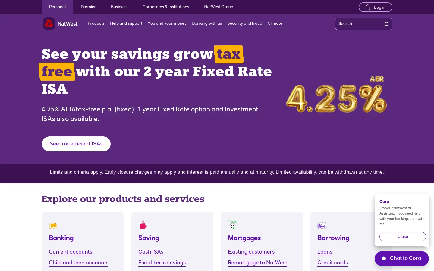The NatWest homepage features a deep purple hero section with large white and gold text promoting a 2-year Fixed Rate ISA at 4.25% AER. A primary white button reads 'See tax-efficient ISAs' next to gold balloon-style typography. Below the hero, a grid of white cards with colorful icons provides links to Banking, Saving, Mortgages, and Borrowing services.