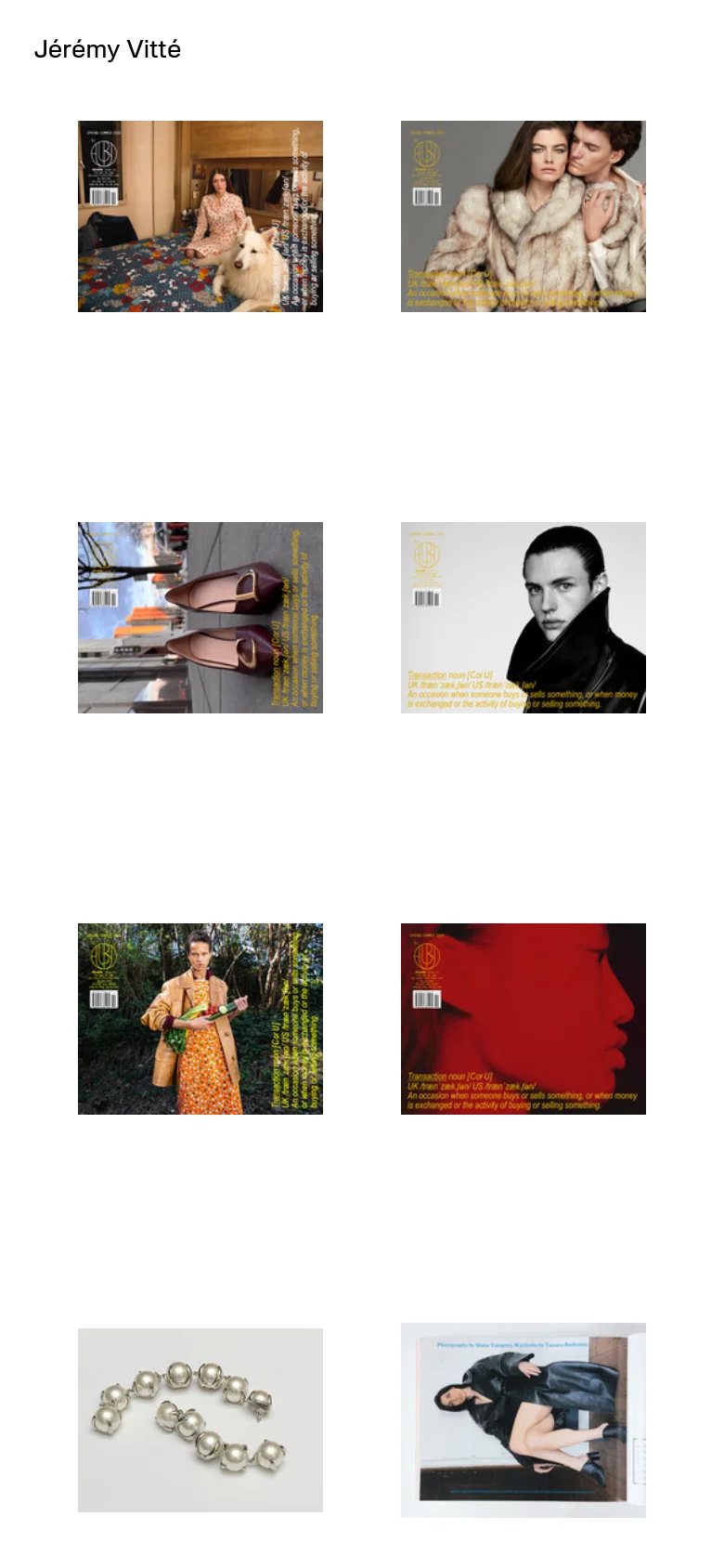 The mobile version maintains the minimalist white and black aesthetic but transitions to a single-column layout. The client list and the grid of magazine cover images are stacked vertically for easier scrolling on a narrow screen.