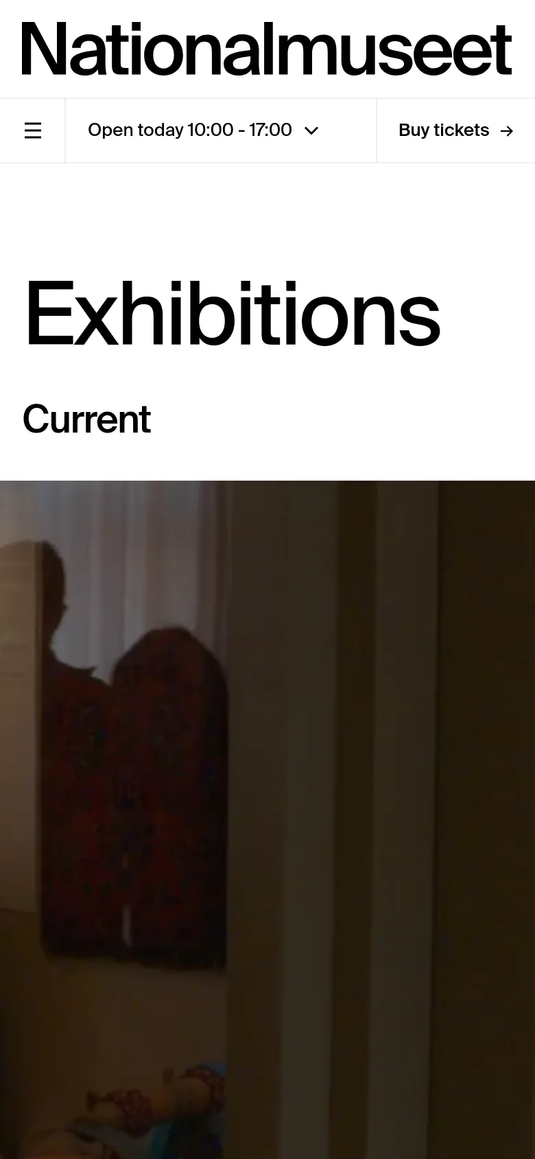 The mobile version presents a simplified layout with a hamburger menu and a 'Buy tickets' call-to-action button in the header. The 'Exhibitions' headline and 'Current' subheader are prominently displayed in large black text against a white background, followed by a large, vertically oriented hero image.
