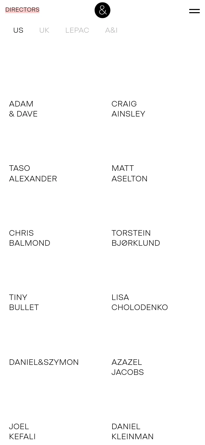 The mobile version maintains the minimalist white aesthetic but uses a condensed layout with a hamburger menu icon and a circular 'a' logo at the top. The sub-navigation for regions is displayed in a single row, and the director names are arranged in a two-column vertical grid for easier scrolling.