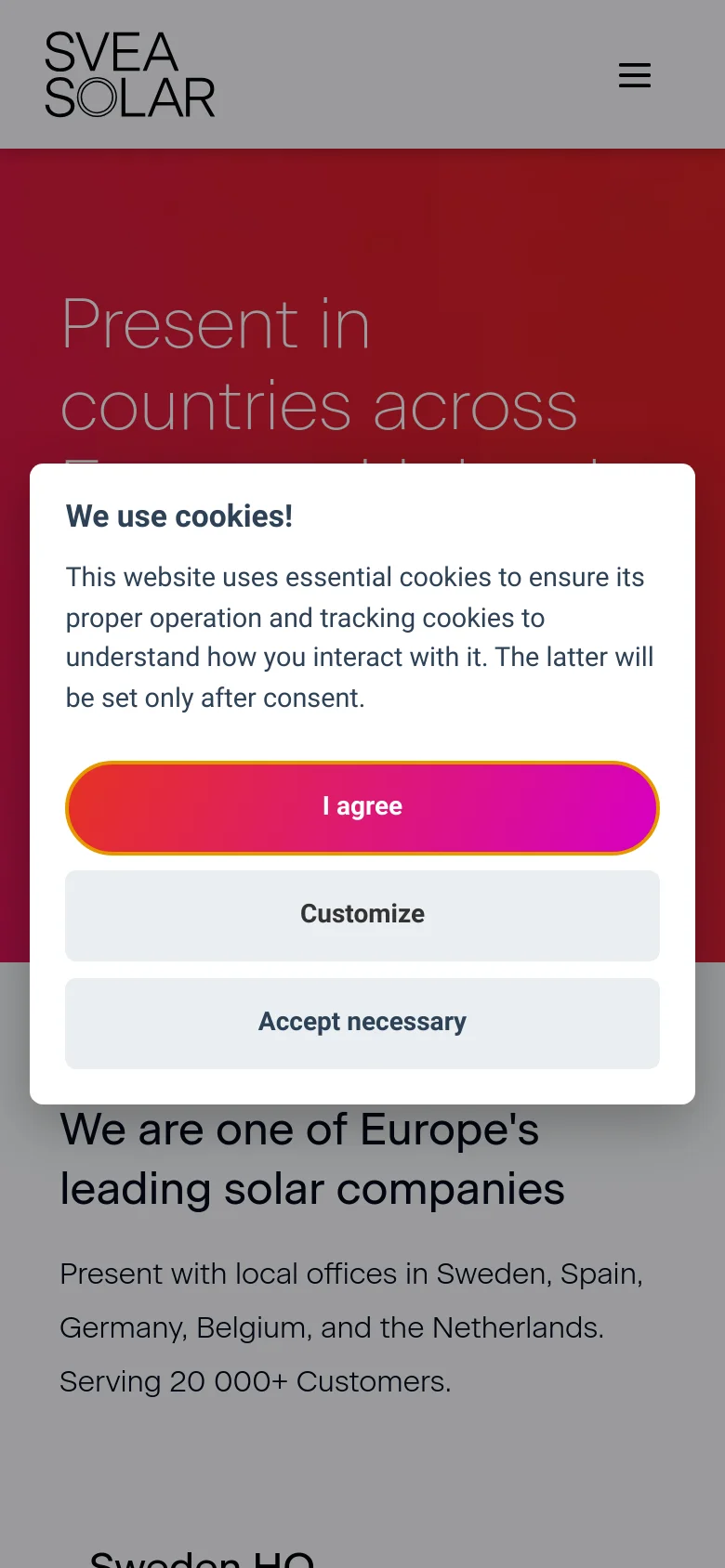 The mobile version displays a single-column layout with the red hero section at the top and contact information stacked vertically. A large cookie consent modal dominates the center of the screen, obscuring most of the content. The navigation is condensed into a hamburger menu icon in the top right.